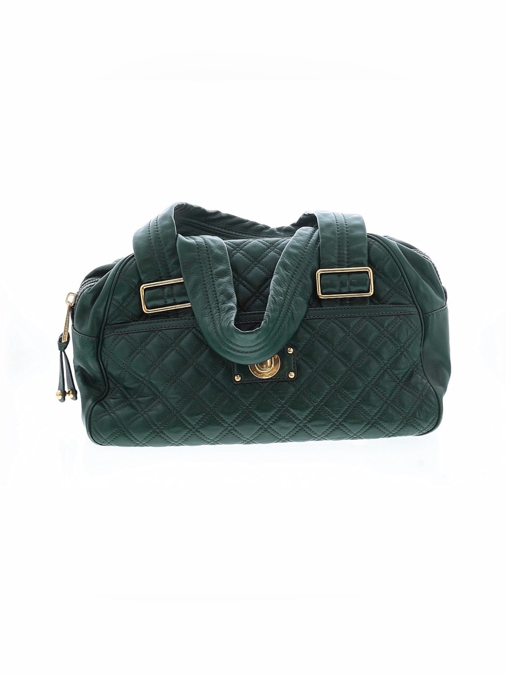 Quilted Dark Green Leather Satchel Bag with Gold Hardware